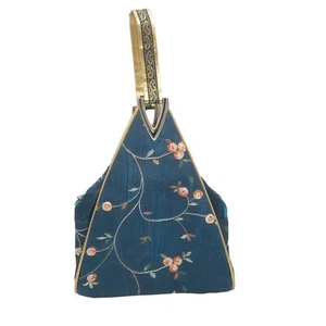 Silk Purse Asian Floral Tapestry Small Purse Green Bag Zip Triangular Shape - Picture 1 of 8