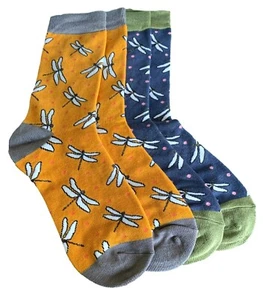 Dragonfly Socks Ladies 2 Pair Pack Dragonflies Bamboo Cotton Mustard Yellow Blue - Picture 1 of 6