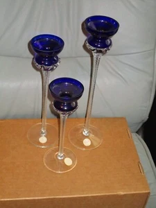 Candle Holders Set/3 Crystal Clear Cobalt Twisted Stem Vintage Romania 12,10, 8” - Picture 1 of 7