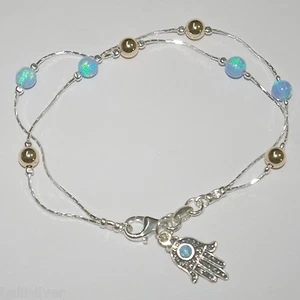 BRACCIALE argento sterling 925 5mm blu chiaro OPALE e perle ORO RIEMPITE con Hamsa - Foto 1 di 3