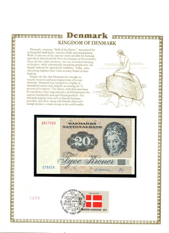 Denmark 20 Kroner 1988 P-49h UNC FDI UN FLAG STAMP C7 Mikkelsen & Herly 6917582 Cover