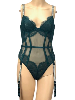 VICTORIAS SECRET VERY SEXY SHINE STRAP LACE DEMI TEDDY W/ GARTERS GREEN XL NWT - Image 1 of 2