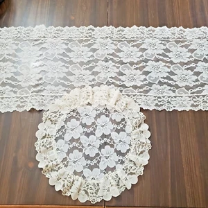 Vintage Dresser Scarf Doily set 2 Cream Table Runner Chantilly Lace Ruffle 1950s - Picture 1 of 7