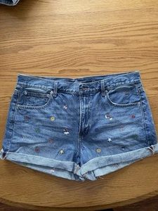 American Eagle Sz 14 ‘90s Boyfriend Denim Shorts Highest Waist Embroidered - Picture 1 of 12