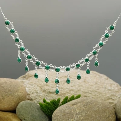 Natural Malachite 925 Sterling Silver Rolo Choker Lobster Boho Bridal Necklace - image 1 of 4