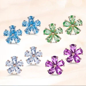 Rainbow Flower Style Amethyst Peridot Topaz Rose Gold Silver Stud Hook Earrings - Picture 1 of 10