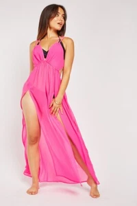 ex High Street Neón Rosa Recortado Doble Muslo Dividido Maxi Vestido de Playa - Imagen 1 de 9