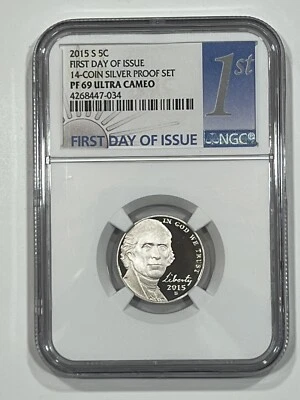 2015-S 5-C nickel NGC PF69 First day of issue from 14 coin silver proof set - Image 1 of 2