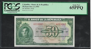 COLOMBIA - PICK 393d - 50 PESOS 1953 - SUCRE - PCGS UNC GEM NEW 65 PPQ - Picture 1 of 2