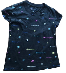 ✨ CHAMPION Girls/ kids, size small S black, multi-color logo t-shirt, Short Slv✨ - Picture 1 of 5