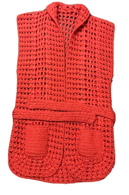 Chaleco Ganchillo Rosa Coral S/M Hecho a Mano Hippie Boho Cinturón Bolsillos De Colección Años 90’s Foto 1 de 4