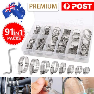 91X Stainless Steel Hose Clamps Clips Adjustable Range Worm Gear Pipe Clamp Kit - Picture 1 of 9