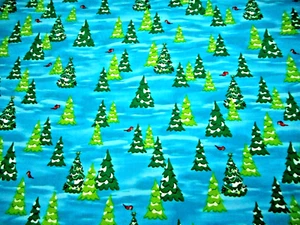 Christmas Fabric 1 3/4 Yard Pine Trees Birds on Turquoise Blue Cotton #26 Vtg C - Picture 1 of 2