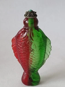 Chinese Glass Red Green Fish Snuff Bottle Mid-20th Century Dual-Colored - Picture 1 of 14