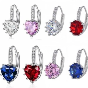 Round / Heart Earrings Silver Huggie Hoop Hook Small Crystal Womens Jewellery - Picture 1 of 17