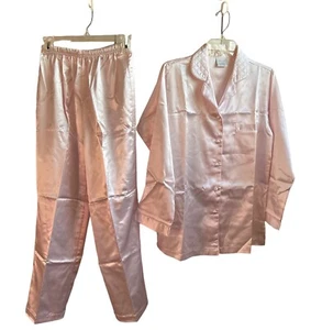 Vintage SZ Med Pajamas 2 PC Pant Top Set Pink Satin Mervyns bPartners DEADSTOCK - Picture 1 of 15
