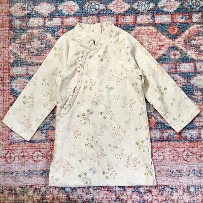 Chinese Girls L/S Cheongsam Qipao Beige Floral Linen Retro Kids Size 4T - Image 1 of 4