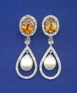 E278B Silver Freshwater Pearl Amber Color Stone Dangling Earrings New Solid 925 - Picture 1 of 2
