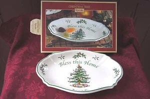 SPODE CHINA CHRISTMAS TREE BLESS THIS HOME TRAY NEW IN BOX - Picture 1 of 4