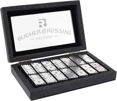 BUCHER&ROSSINI Metal Surface Dominoes Set Double 6 Classic Black Silver Domino Game for Adults