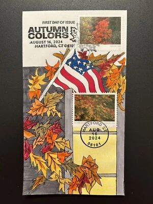 2024 Autumn Colors FDC HAND DRAWN HOUSE WINDOW USA FLAG LEAVES CACHET Two Stamps - Image 1 of 2