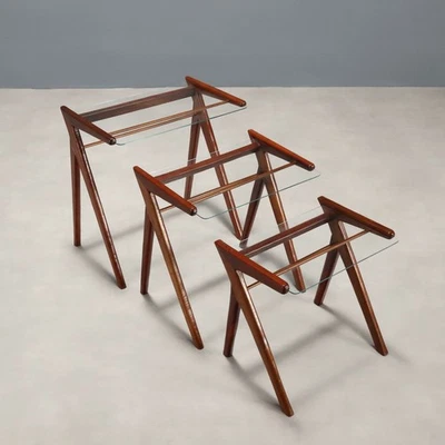 Tables Basses Vintage Plaquées en Teck Verre Design Années 50 Originales - Photo 1/4