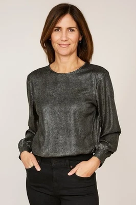 Vtg Rhoda Lee Black Silver Metallic Blouse Long Sleeve Crew Neck Size 14 Shimmer - Image 1 of 4