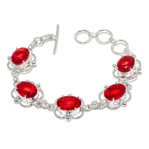 Brazalete Joyería Plata de Ley 925 Hecho a Mano Piedras Preciosas Granate Rojo Tamaño 7-8" - Imagen 1 de 1