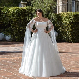 Exquisite A-Line Off-Shoulder Plus Size Wedding Dress Backless Lace Applique - Picture 1 of 6
