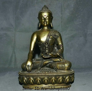 12" Old Tibet Copper Inlay Gem Shakyamuni Amitabha Buddha Hold Faqi Dorje Statue - Picture 1 of 12