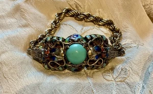 Rare Antique 1880-90s Chinese Enamel Turquoise Dragon+ Snake Bracelet  - Picture 1 of 10