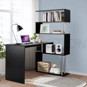 120cm Computer Desk Home Office Desk Study Table with 4 Tier Bookshelf Black - Picture 1 of 12