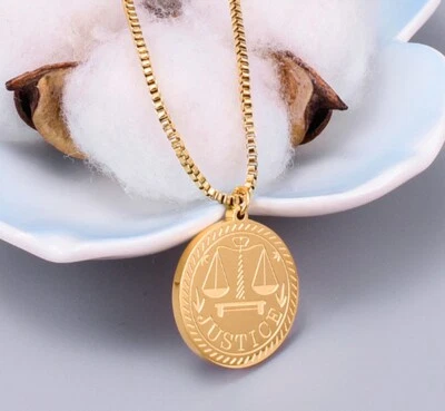 Mujer Niña Titanio Acero Inoxidable Justicia Libra Paz Moneda Collar 18-20" Foto 1 de 4