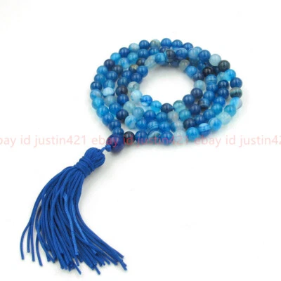 Collar Mala 108 cuentas de oración budista tibetano gema ágata azul de 6 mm Foto 1 de 4