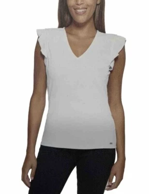 NUEVA Blusa Andrew Marc Manga Volantes Cuello en V Talla M Blanca Elegante Carrera Iglesia Foto 1 de 4