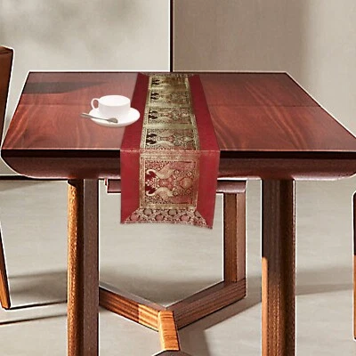 Indian Peacock Design Silk Dining Table Runner Wedding Birthday Runner 16x60 In - Image 1 of 4