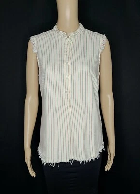 Top RAQUEL ALLEGRA Marfil Beige Rayas Algodón Sin Mangas Borde Deshilachado Talla 0/XS Foto 1 de 4