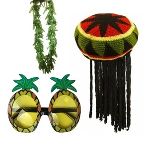 Rasta Dreadlocks Hat & Pineapple Glasses & Leaf Garland Fancy Dress Costume Set - Picture 1 of 1