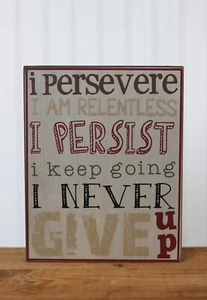 Wood Sign Never Give Up Primitive Inspirational Wall Decor Barbara Lloyd 12x10" - Picture 1 of 1