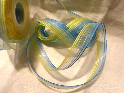 CINTA A RAYAS TRANSPARENTES 5/8" - AZUL/AMARILLO - 60% SEDA - ALEMANIA Foto 1 de 2