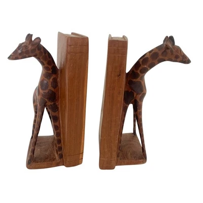 Hand Carved in Kenya Giraffe Bookends African Wildlife Decor - Image 1 of 4