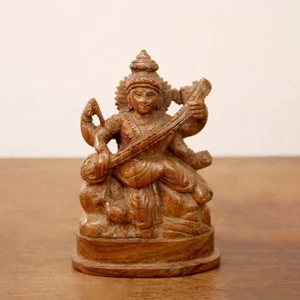 Antique Hindu Goddess Saraswati Wooden Statue Vintage Sculpture Puja Deity Small - Picture 1 of 4