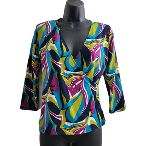 Blusa Evan-Picone Mujer Imitación Envoltura Abstracta Estampado Geométrico Talla Pequeña Usada en Excelente Condición - Imagen 1 de 7