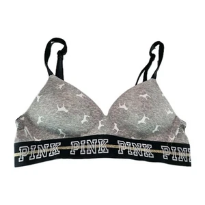 Victoria's Secret PINK Bra 32A Gray Dog Logo Wireless Lightly Lined Bra - Picture 1 of 6