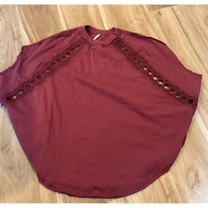 Free People XS Top Eyelet Knit Burgundy Cropped Flowy Oversized Boho Blouse b1 - Picture 1 of 7
