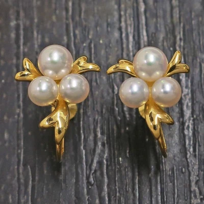 MIKIMOTO K14YG Yellow Gold Triple Pearl Earrings #970c Rise-on - Image 1 of 4