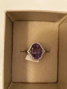 Ring 5,02 kt ovaler brasilianischer Amethyst/0,72 kt Zirkon Rhodium über SS Größe 8 - Bild 1 von 11