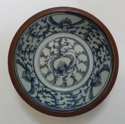 Antique Chinese Blue and White Batavia Cafe Au Lait Brown Sweet Pea Motif Bowl - Изображение 1 из 4