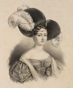 Bildnis einer Dame mit Federhut, Lith. Biedermeier Porträt Unbekannt (19.Jhd) - Bild 1 von 4