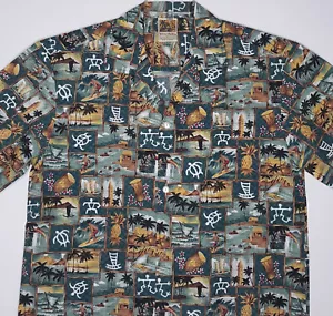 Camicia hawaiana tribale tapa moda Winnie taglia L palma surfista tartaruga vintage - Foto 1 di 6